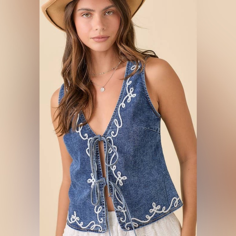 Main Strip Blue Denim Embroidered Tie-Front Vest
